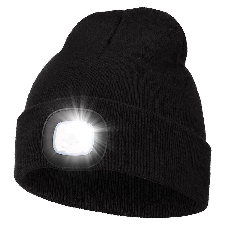 Front view of an LED beanie showing the integrated light in operation, ideal for low-light conditions.