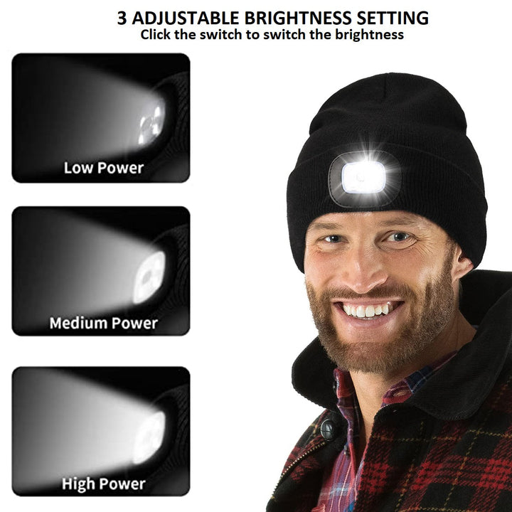 Close-up of the USB charging port on a black rechargeable LED beanie hat, showing modern outdoor gear.