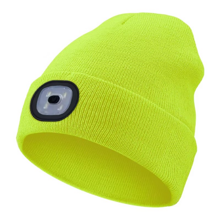 Diagram showing how to charge the LED light unit within the beanie, highlighting its USB feature.