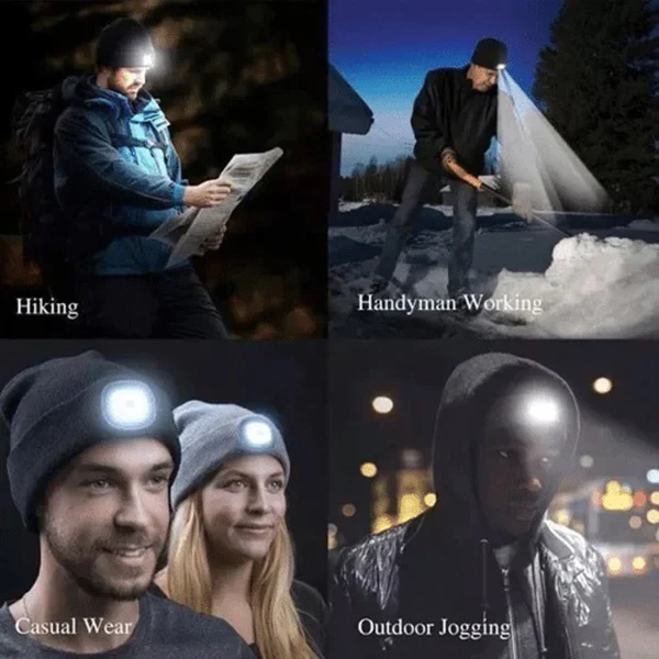 Unisex winter hat with an LED light, ideal for cold weather jogging, hiking, and camping adventures.