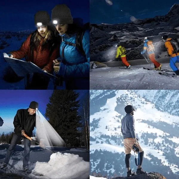 LED beanie hat with a bright light on a camping trip, illustrating its use as a convenient outdoor accessory.