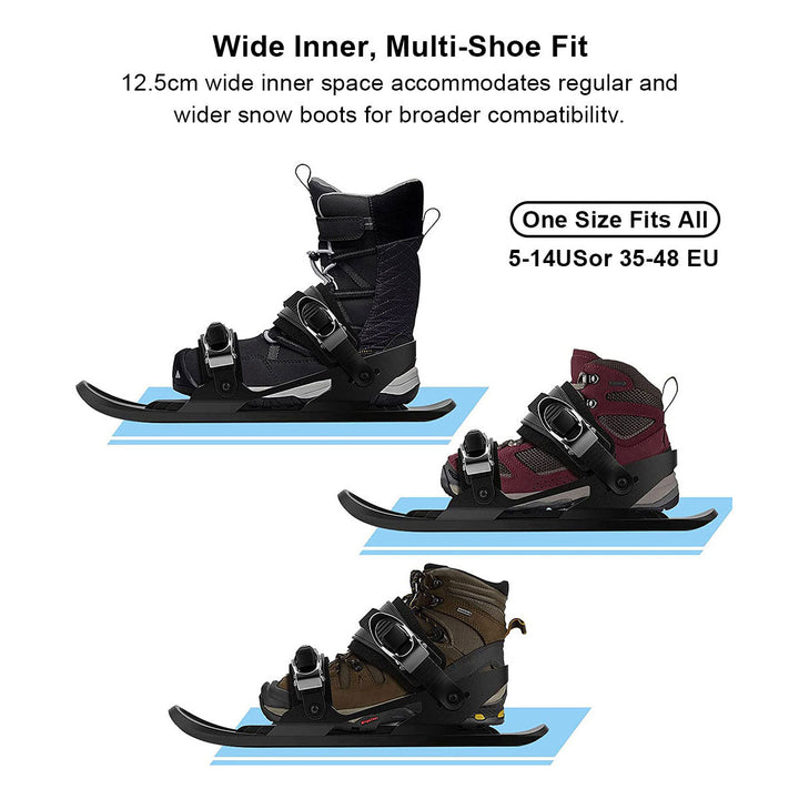 Adult wearing black portable mini snow skates on a snowy slope, enjoying winter sports