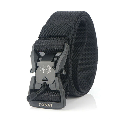 Navy blue military tactical belt made from durable nylon, with a secure quick release buckle for men and women.
