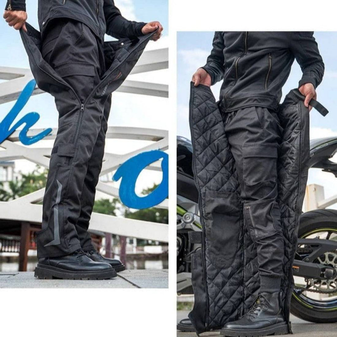 Unisex black quick release motorcycle cargo pants with reflective accents, ideal for riding comfort and safety.