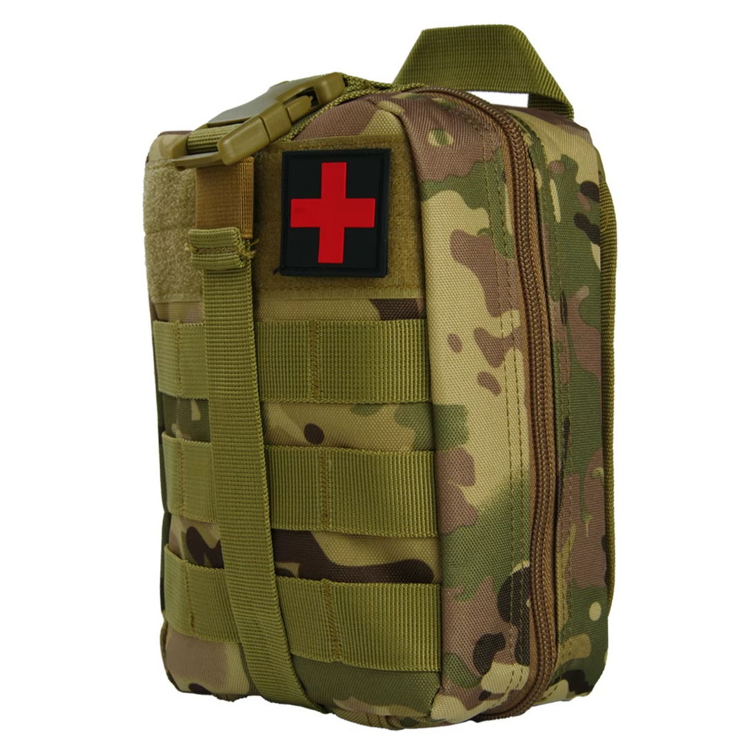 Emergency preparedness: black rip-away MOLLE IFAK pouch for rapid deployment of medical gear.