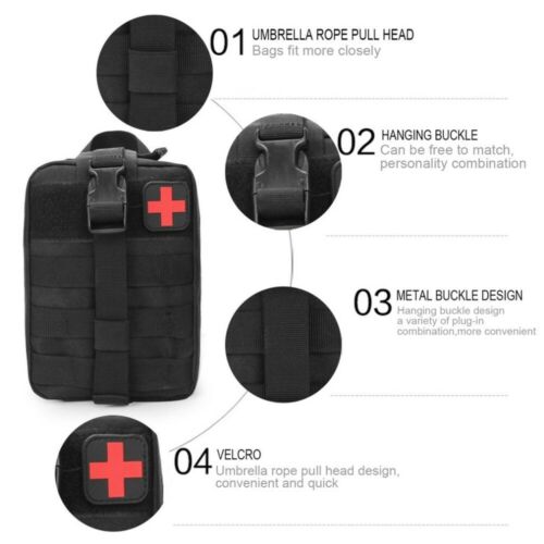 Versatile black rip-away medical pouch for IFAK, MOLLE attachment, an emergency first aid solution.