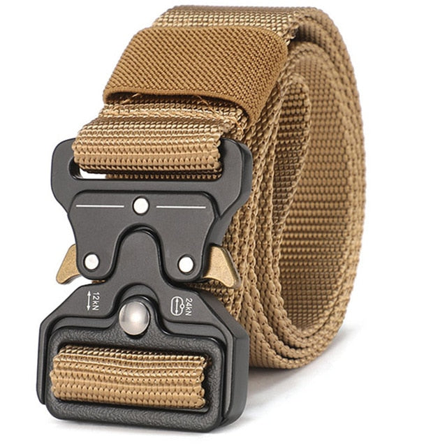 Military style unisex tactical belt in tan, featuring a secure and fast quick-release buckle for outdoor use