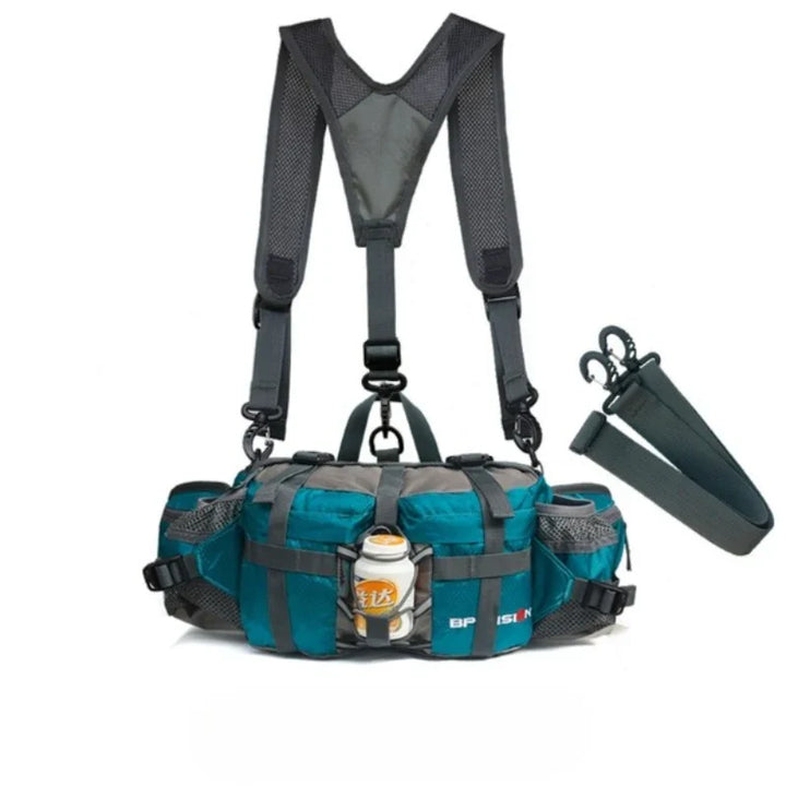 Side view of a tough, waterproof unisex tactical waist pack, great for outdoor and sports activities