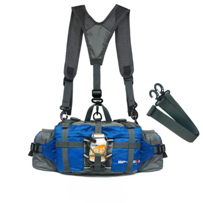 Open view of a unisex tactical waist pack, showing internal storage for travel and sports essentials