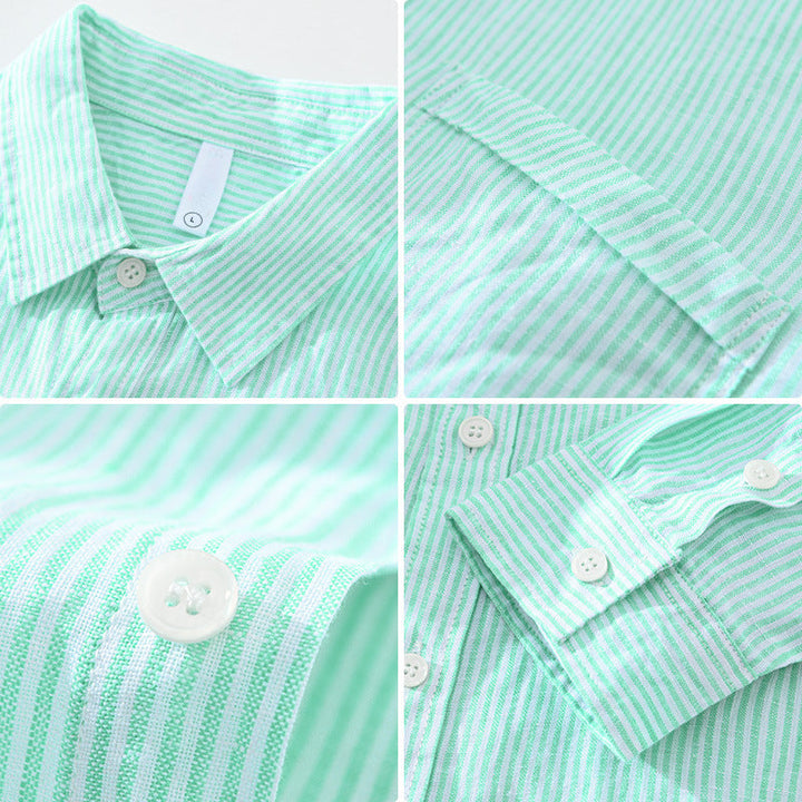 Versatile unisex button-up shirt with mint stripes, a comfortable top for everyday & summer.