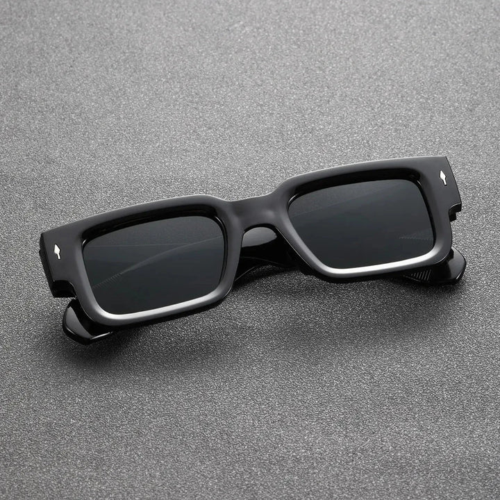 Unisex rectangular UV protection sunglasses with bold black translucent frames. Stylish and lightweight fashion eyewear.