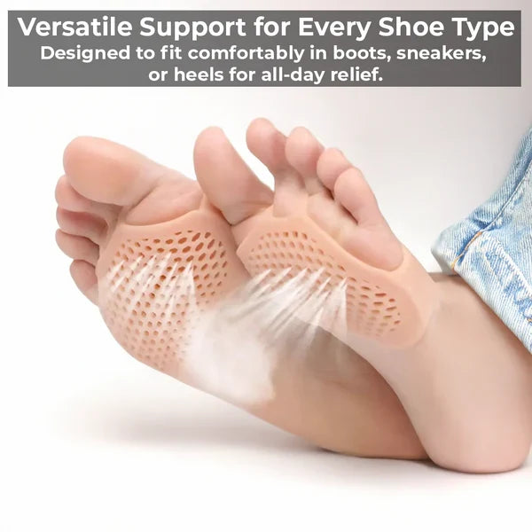 Unisex reusable gel metatarsal pads for forefoot pain relief, cushioning, & comfort in most shoes.