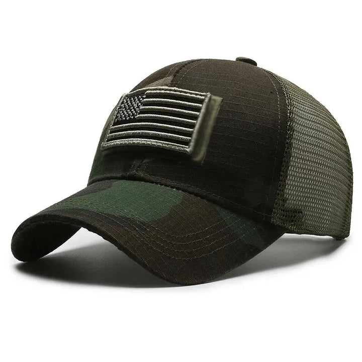 Side profile of a stylish grey mesh baseball cap, an adjustable and breathable outdoor headwear option.