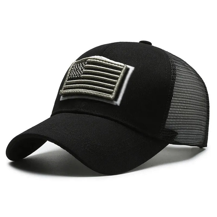 Close-up of the breathable mesh fabric on a unisex black baseball cap, ideal for summer.