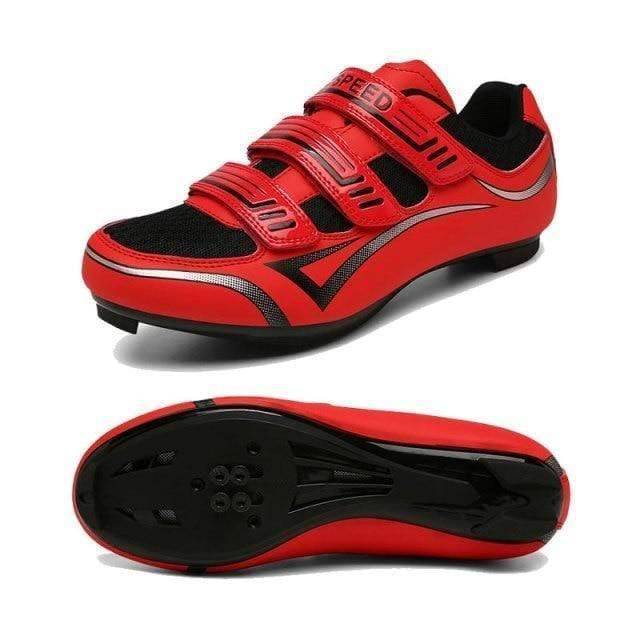 Top-down view of unisex sport shoes for cycling, showing strap system and branding