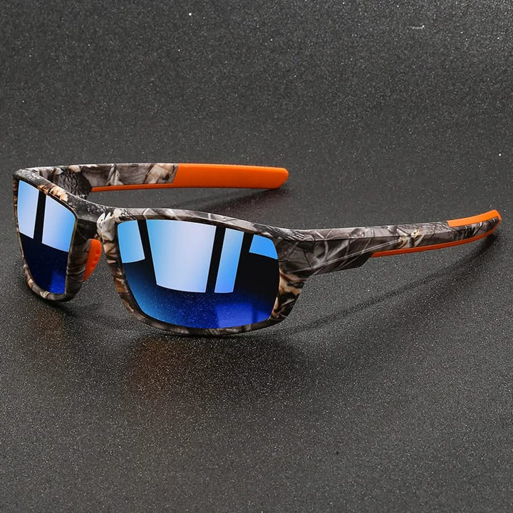Polarized camo sport sunglasses, unisex design, offering full UV protection for cycling and hiking.