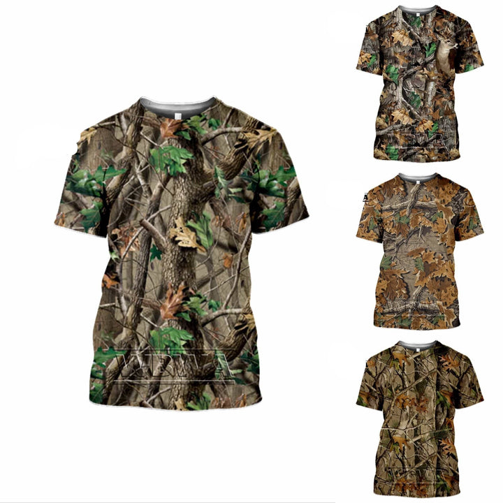 Unisex camouflage hunting t-shirt, short sleeve, polyester spandex blend for outdoor adventures