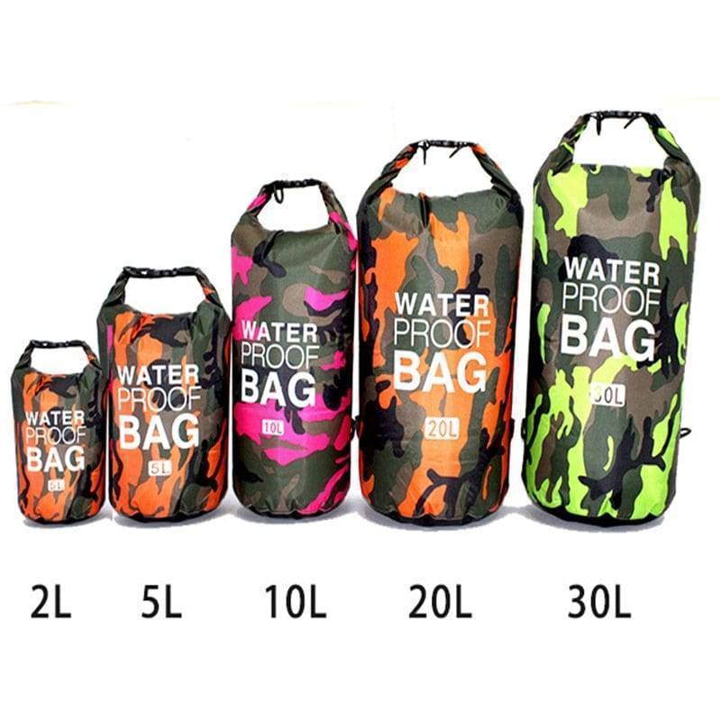 Unisex camouflage PVC waterproof dry bag backpack, main view, ideal for outdoor adventures.
