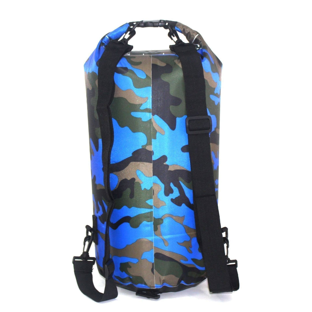 Ergonomic shoulder straps on a camouflage waterproof dry bag backpack, comfortable for hiking.