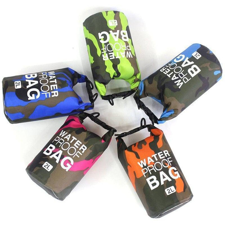 Side view of the camouflage PVC dry bag backpack, showcasing its robust construction for outdoor use.