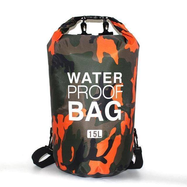 Camouflage waterproof backpack floating on water, demonstrating its buoyancy and dry bag function.