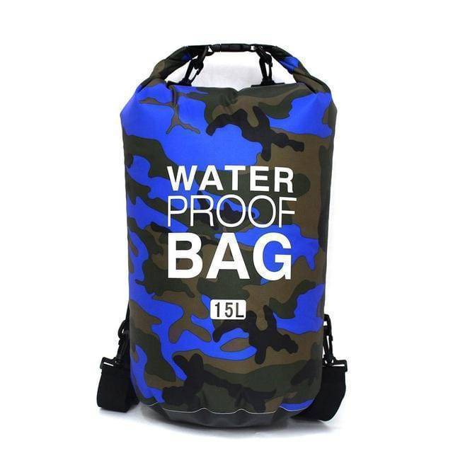Dry bag backpack in camouflage pattern, perfect for water sports and keeping electronics safe.