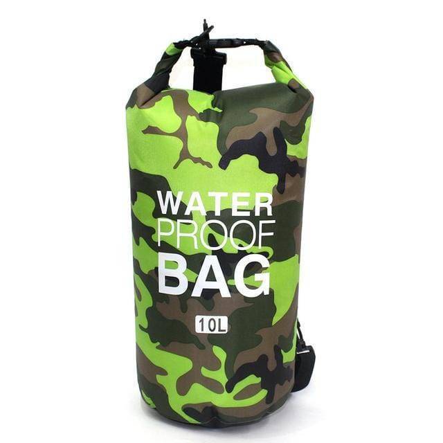Unisex camouflage waterproof dry bag backpack carried by a hiker on a trail, adventure ready.
