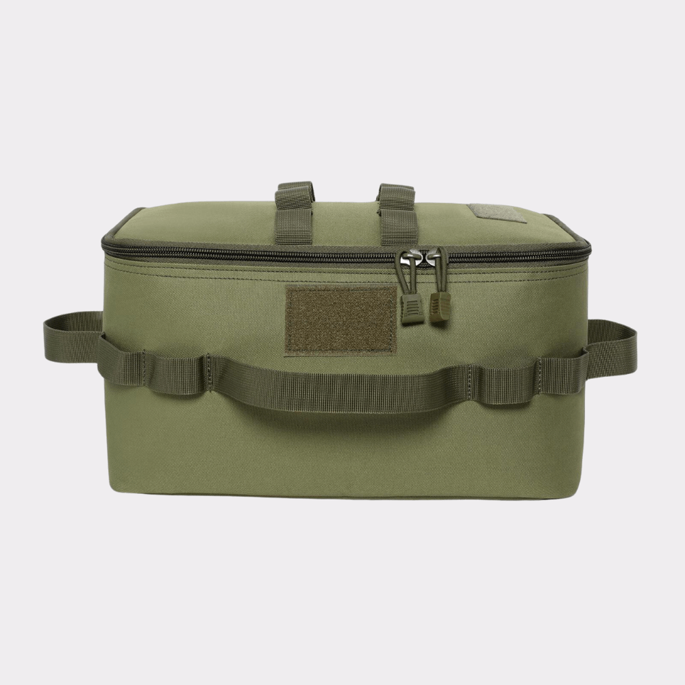 Outdoor storage bag for camping cooking equipment, travel-friendly and tactical, with strong handles.