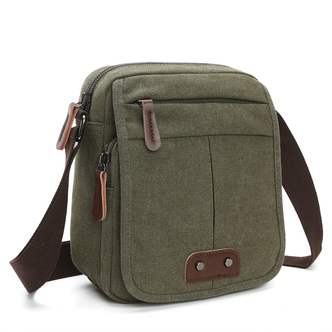 Unisex canvas crossbody bag with multiple pockets for travel & everyday use. Available in green, brown, gray, khaki.