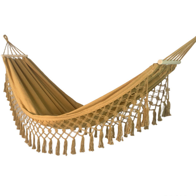 Portable canvas hammock with sturdy wooden spreader bars, ideal for garden, camping, or travel adventures