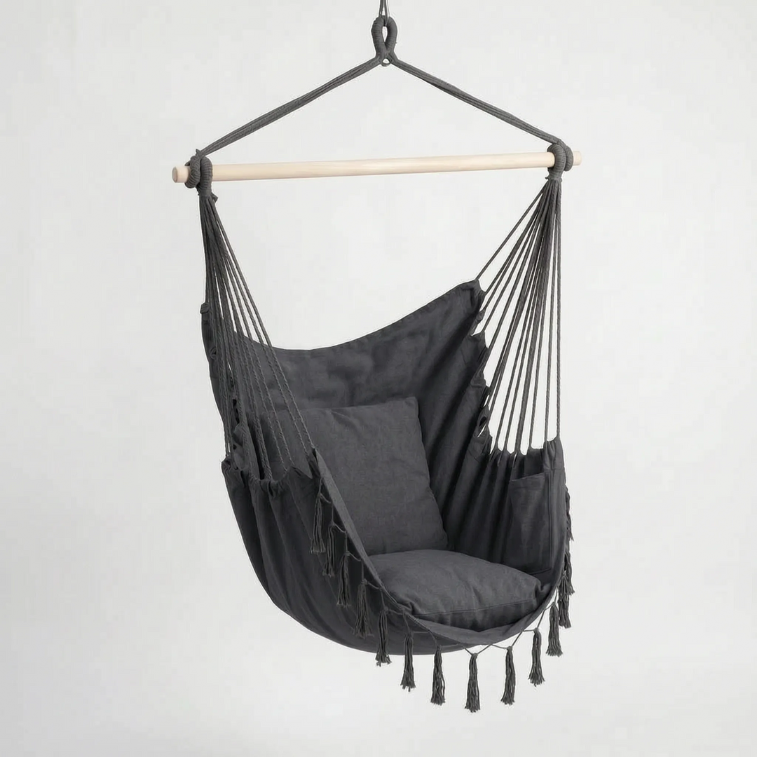 Cozy hanging hammock chair, designed for ultimate comfort. Great indoor swing or outdoor relaxation spot.