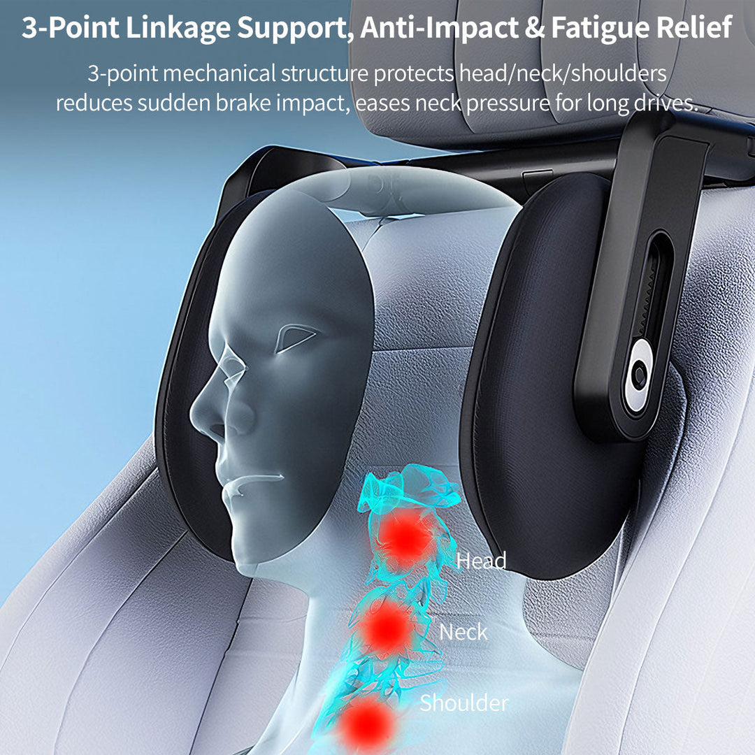 Car headrest neck support pillow, memory foam, soft fabric, for long road trips & driver comfort