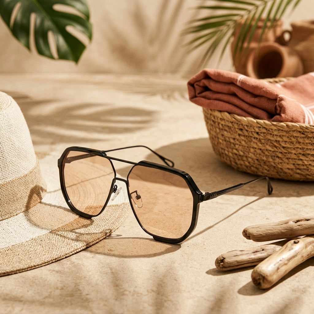 Front view of classic unisex aviator sunglasses, highlighting the sleek metal frame & dark lenses.