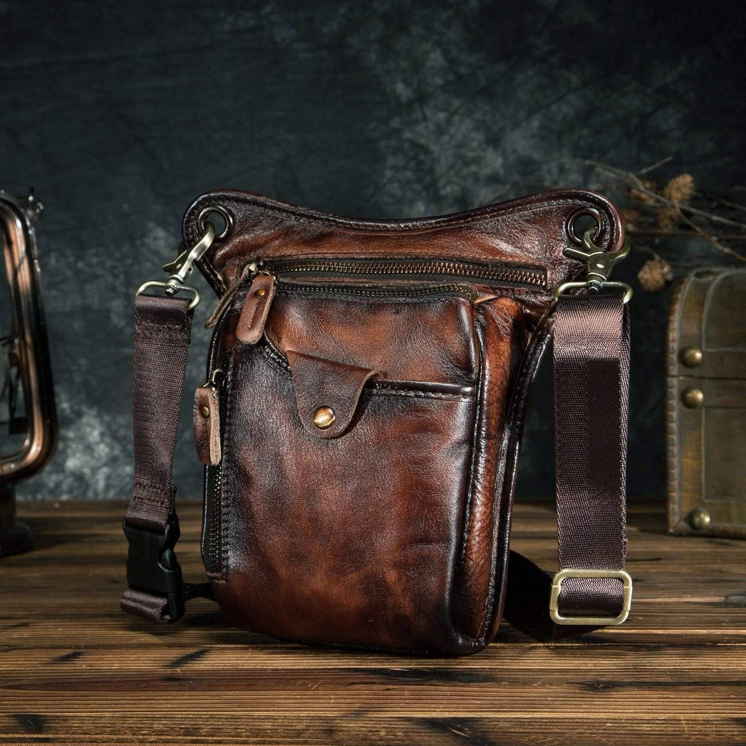 Unisex classic genuine leather shoulder sling bag, brown cowhide for travel and outdoor use
