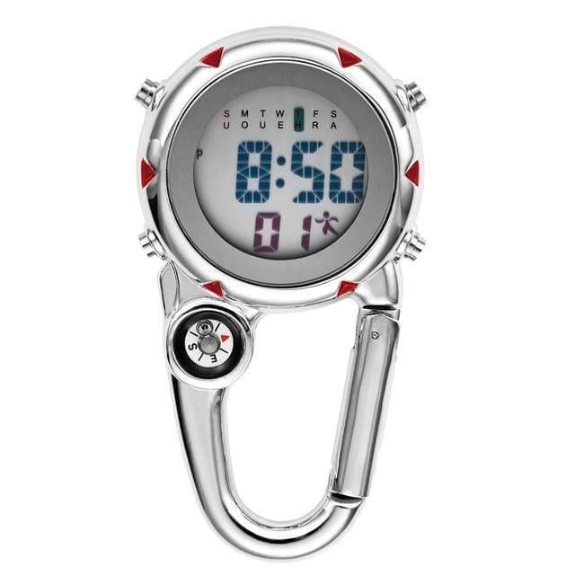 Silver-toned carabiner pocket watch, highlighting its robust design and outdoor functionality