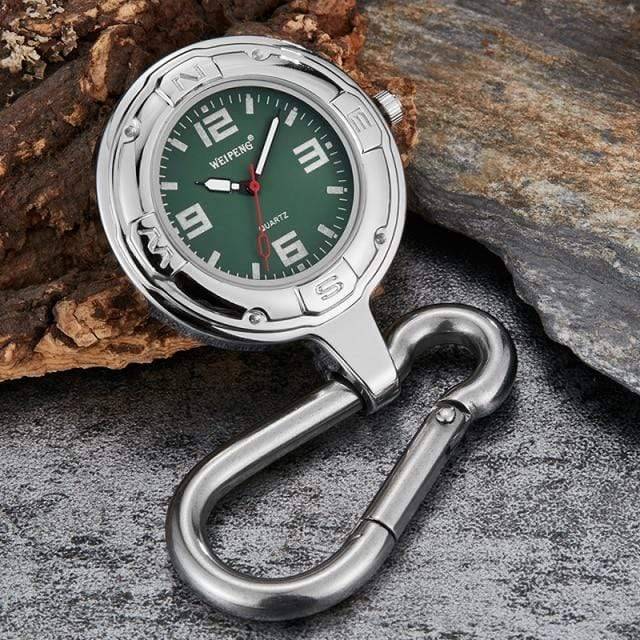 Luminous carabiner watch, ensuring time visibility during low-light outdoor adventures and camping