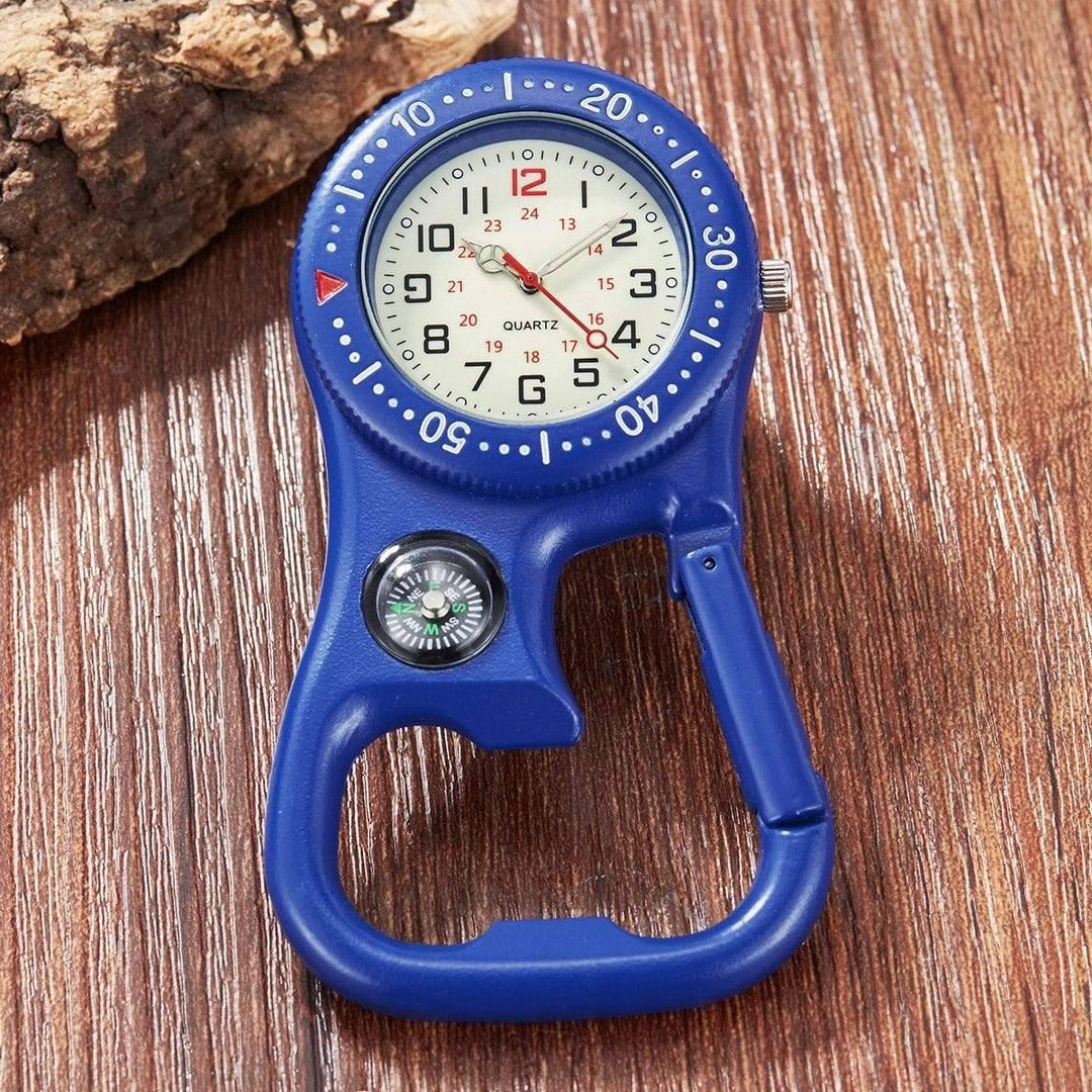 Close-up of a sturdy clip-on carabiner quartz watch, a rugged outdoor and camping accessory