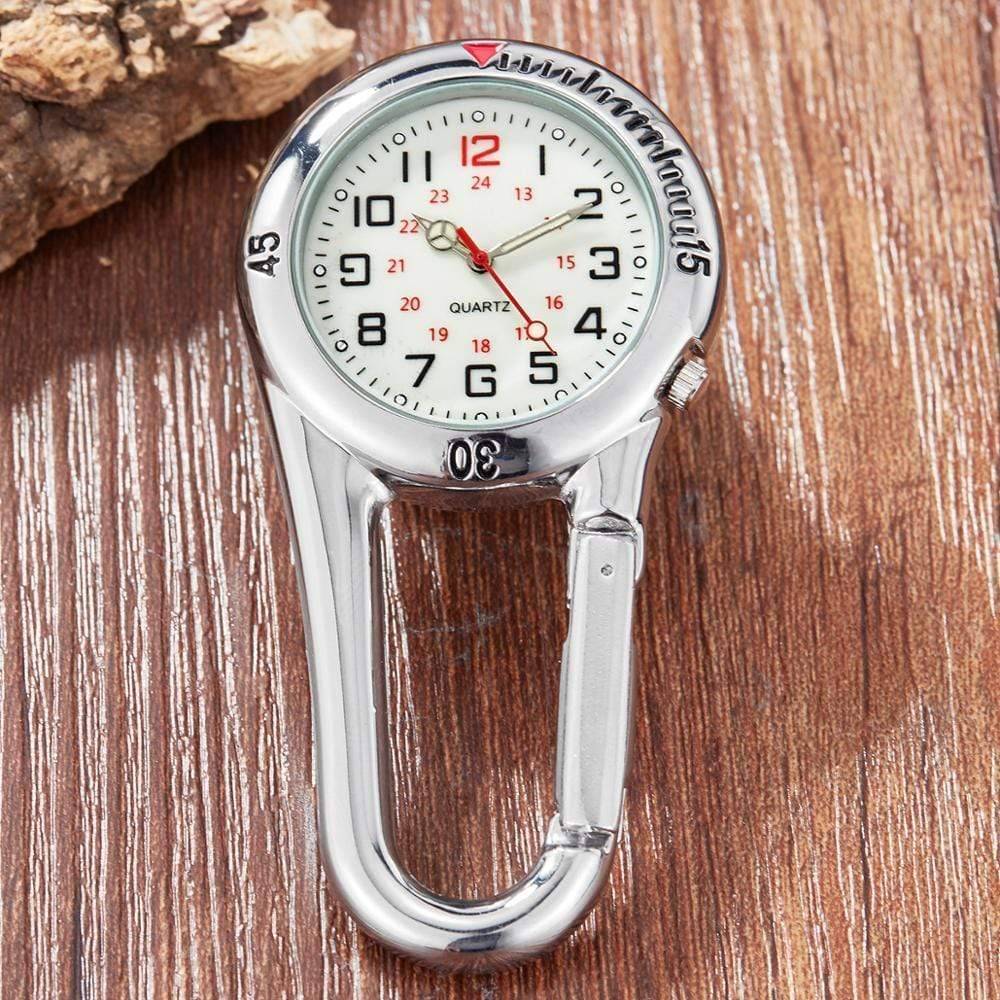 Carabiner pocket watch attached to a backpack strap, showcasing its outdoor and hiking utility