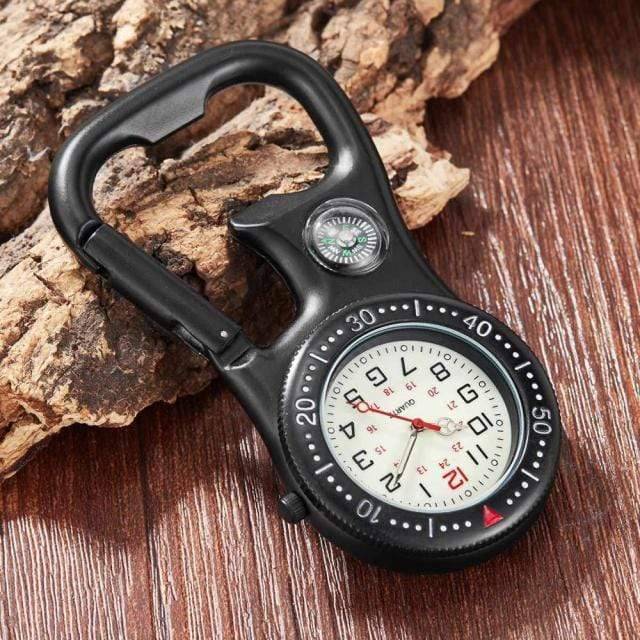 Detail view of the quartz movement and luminous hands of the Clip-On Carabiner Pocket Watch