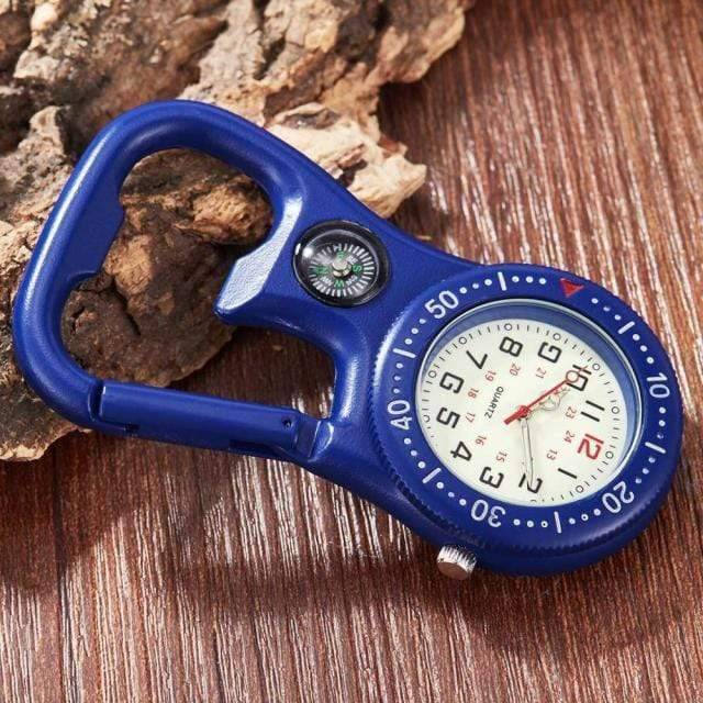 Pocket watch with integrated carabiner, designed for durability and readability in outdoor settings