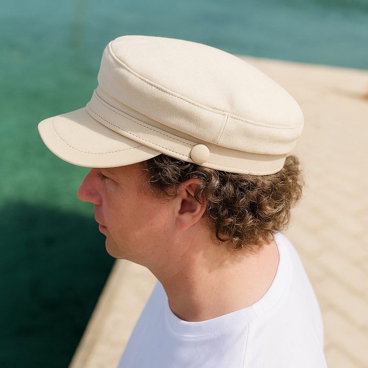Khaki unisex fisherman cap, perfect for coastal style & casual European fashion; versatile accessory.