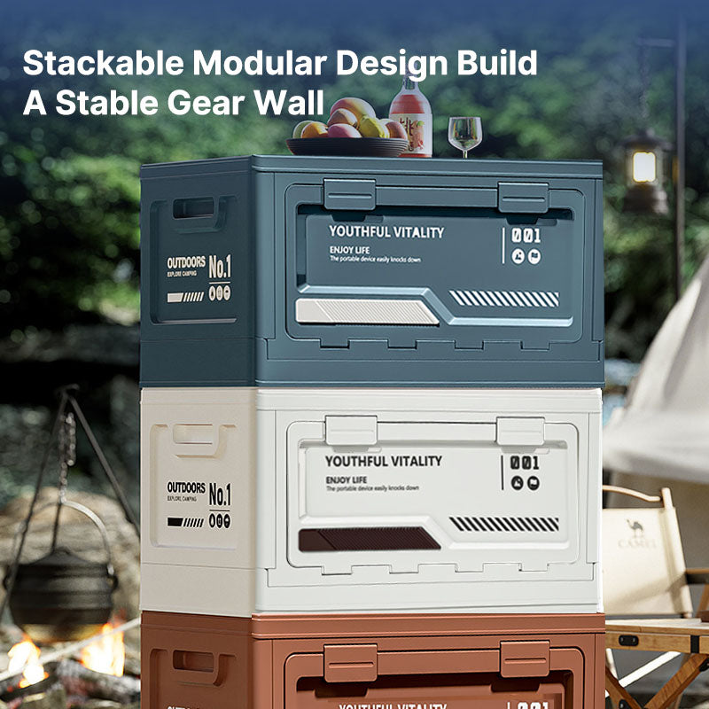 Stackable gear box, collapsible design, serving as an outdoor organizer and a camping table