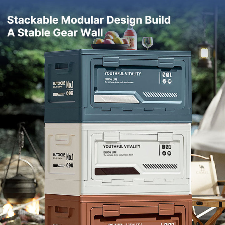 Stackable gear box, collapsible design, serving as an outdoor organizer and a camping table