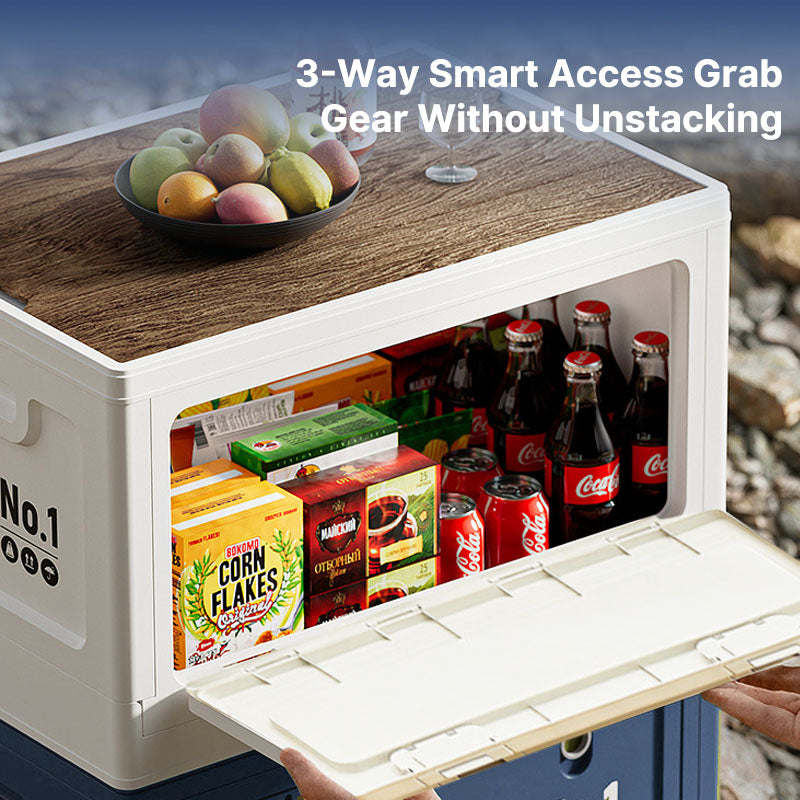 Camping organizer box with a flat wooden lid, transforming into a convenient portable table for outdoors