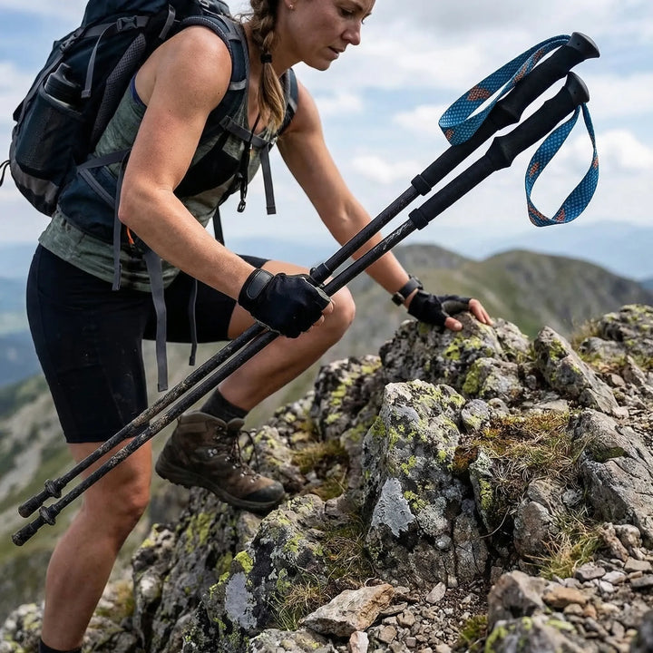 Unisex collapsible carbon fiber trekking poles for hiking & trail walking. Lightweight, compact, folding design.