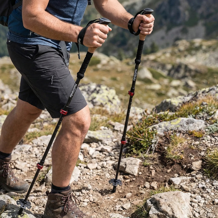 Unisex collapsible hiking poles set, telescoping carbon fiber for trekking, ultralight outdoor trail equipment.