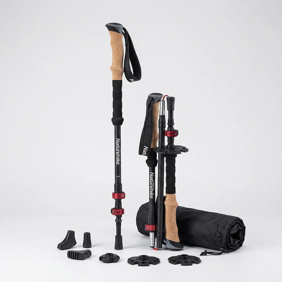 Hiker using unisex telescoping trekking poles on a mountain trail, essential ultralight outdoor adventure gear.