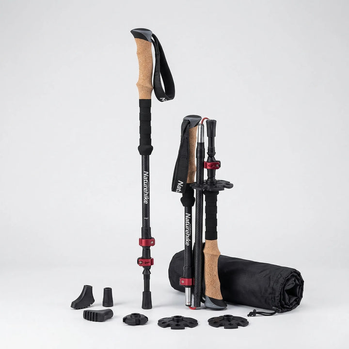 Hiker using unisex telescoping trekking poles on a mountain trail, essential ultralight outdoor adventure gear.