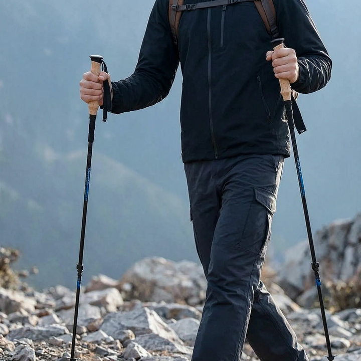 Durable carbon fiber telescoping hiking poles, ultralight and collapsible design for all outdoor trekking adventures.