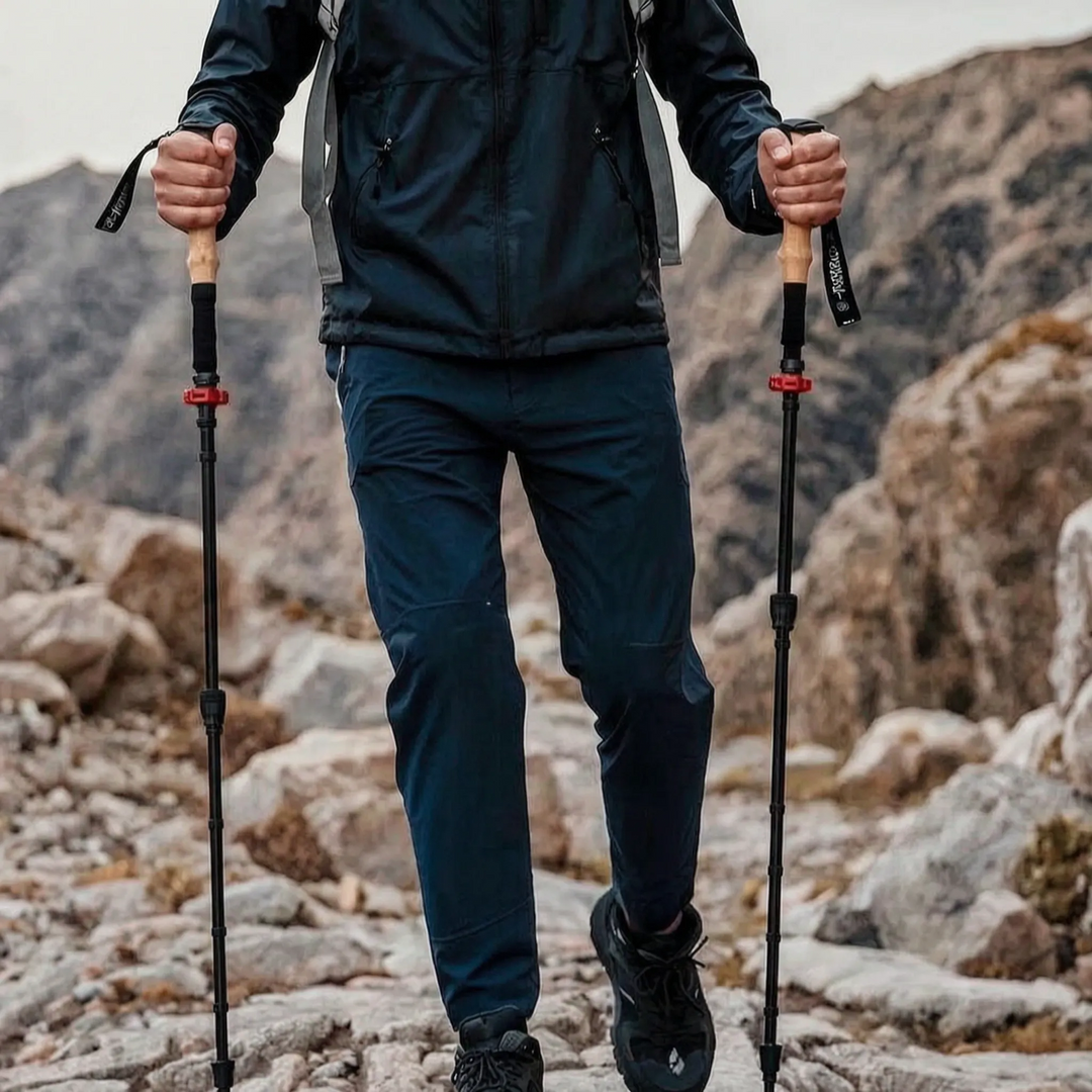 Pair of unisex ultralight telescoping trekking poles, carbon fiber collapsible for hiking and trail walking.